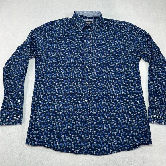 Johnston‎ & Murphy Shirt Mens Medium Blue Palm Tree AOP Print Button Up Tropical - Picture 2 of 10